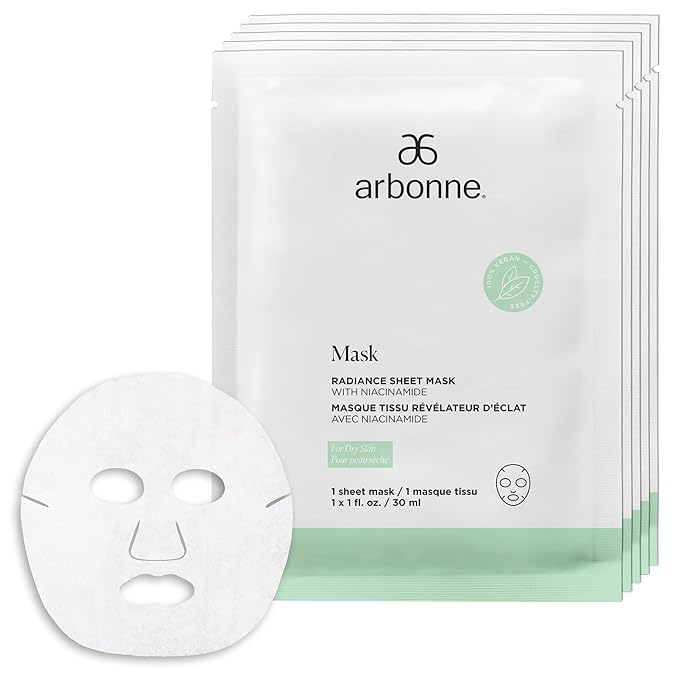Arbonne Radiance Face Sheet Mask - Sheet Face Mask with Niacinamide for Dry and Dull Skin, Enhance Brightness, Tone, Smooth and Hydrate Skin - 5 Pack