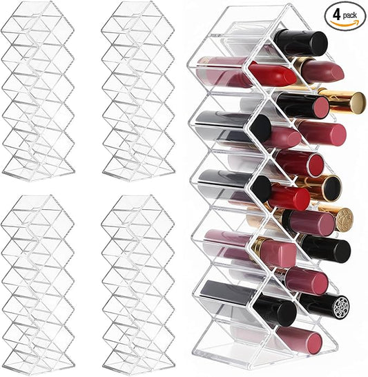 4 Pcs Lipstick Holder Organizer 16 Spaces Acrylic Stackable Fish Shape Lipstick Tower, Lip Gloss Storage Stand, Lipsticks Organizer Case Vertical for Lipgloss Organizers Makeup Vanity Display, Clear