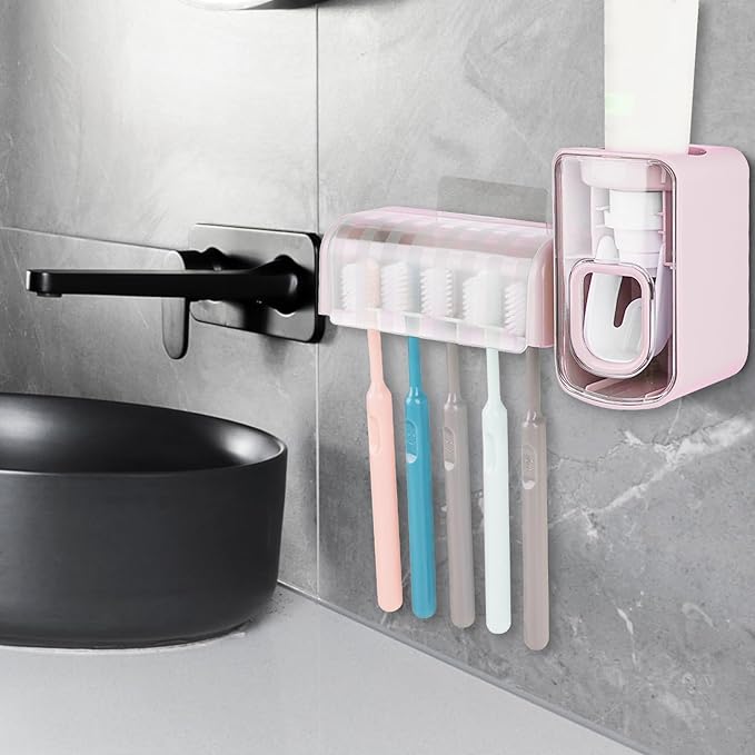 5 Slots Wall Mount Toothbrush Holder with Cover, Self Adhesive Toothbrush Storage Organizer for Shower, Toothbrush Hanger with Automatic Toothpaste Squeezer Dispenser (Pink)