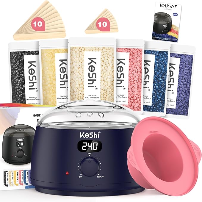KeShi Waxing Kit for Women and Men, Digital Wax Warmer with 6 Bags Hard Wax Beads, at-Home Hair Removal Wax Kit for Full Body, Face, Eyebrow, Bikini, Legs, Brazilian & Sensitive Skin(Deep Sea)