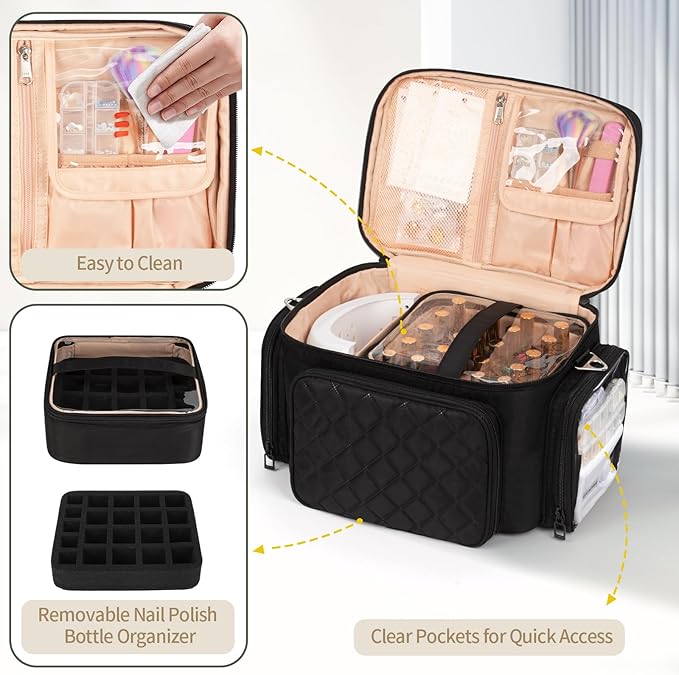 Nail Polish Organizer, Nail Polish Storage Holds 42+ Bottles & Nail Lamp, Portable Travel Nail Kit Storage Carrying Case Fits Nail Suppiles, Gift for Manicurist, Grils - Black
