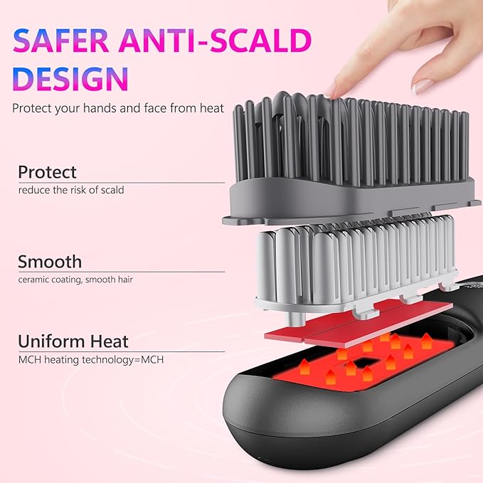 LCD Screen Cordless Hair Straightener Curler 2 in 1, Portable Mini Hair Straightening Brush for Travel Negative Ionic Fast Heating Hot Comb for Women, Folding Brush with Mirror, Black
