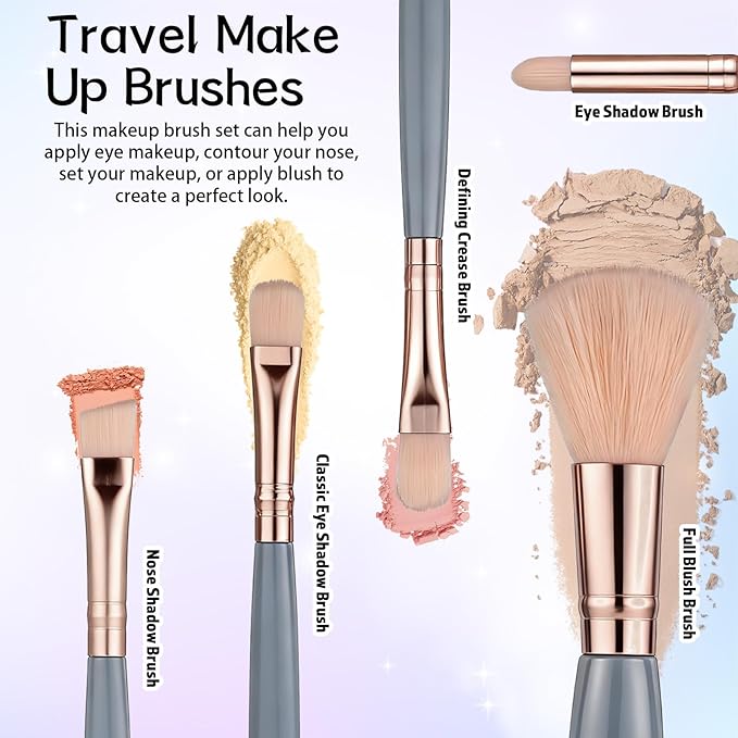 5 Pcs Mini Makeup Brushes, Travel Makeup Brush Set, Professional Cosmetic Brush with Case and Mirror, Portable Travel Size Make up-Brush, Complete Function Cosmetic Brushes Kit for Women (Blue)