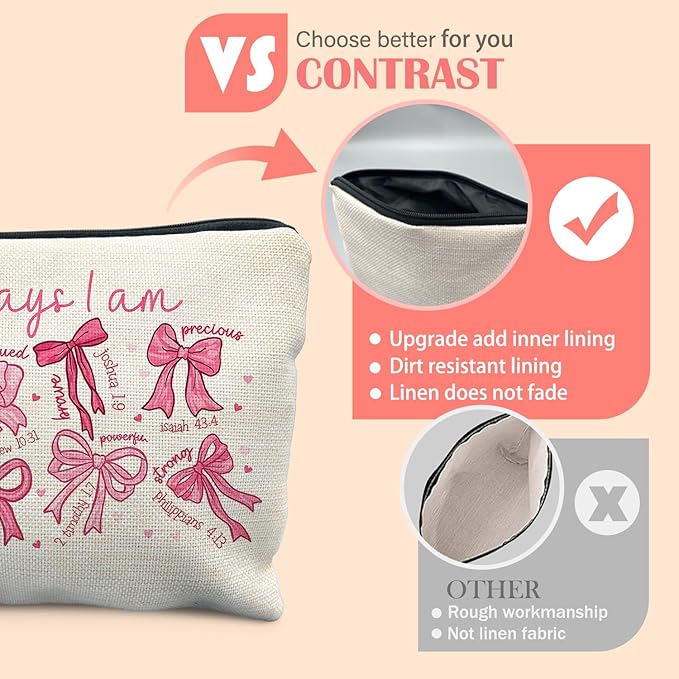 God Says I am Christian Makeup Bag for Women, Christian Gifts for Women Faith, Jesus Coquette Pink Bow Cosmetic Bag for Purse, Bible Verse Makeup Zipper Pouch