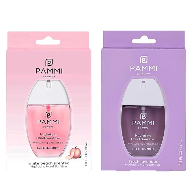 PAMMI Power Mist Hydrating Hand Sanitizer Spray, Portable Travel Size Pocket Hand Sanitizer, Scented Handsanitizer Mini Spray For Car - 600 Sprays (2 Pack (Peach, Lavender))