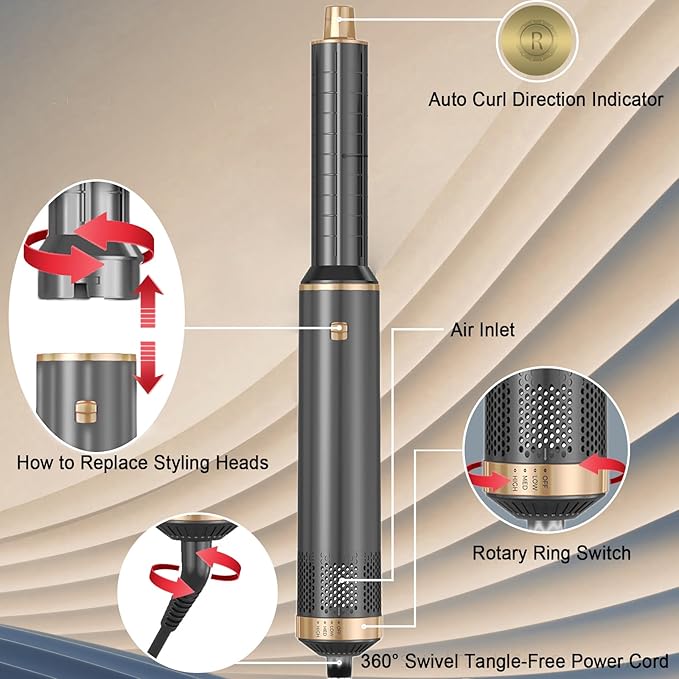 5 in 1 Hair Styler & Hair Dryer Brush, Low-Speed Negative Ionic Air Styler Drying, Multi Hair Styler, Professional Blow Dryer Brush for Curling Volumizing Straightening Styling(Gray Gold)