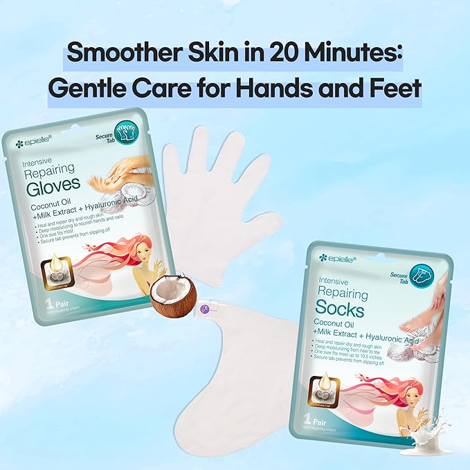 Epielle Intensive Repairing Hand & Foot Masks for Dry, Cracked Skin, Self Care Gifts for Women, Spa Kit, Stocking Stuffers, Thanksgiving Essentials, 6 Moisturizing Gloves & 6 Moisturizing Socks