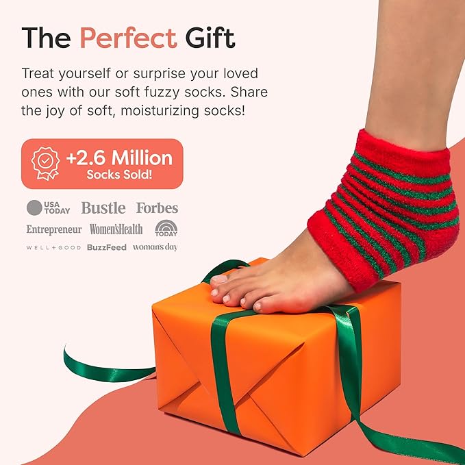 ZenToes Moisturizing Socks for Cracked Heel Treatment, Vitamin E, Olive Oil and Jojoba Oil Heel Socks, Stocking Stuffers for Women, Spa Self Care Gifts for Women (Holiday Stripes, Regular)