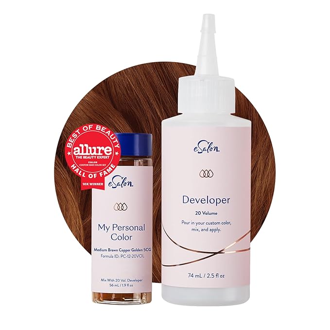 eSalon Permanent Hair Color & Hair Dye Kit - Medium Brown Copper Golden - Professional-Grade Personal Colorist for All Hair Types, Up To 100% Gray Coverage - Ammonia-Free