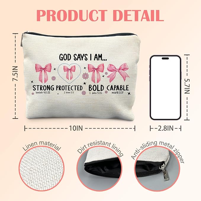 God Says I am Christian Makeup Bag for Women, Gifts for Christian Women, Religious Coquette Pink Bow Cosmetic Bag for Purse, Inspirational Bible Verse Makeup Zipper Pouch