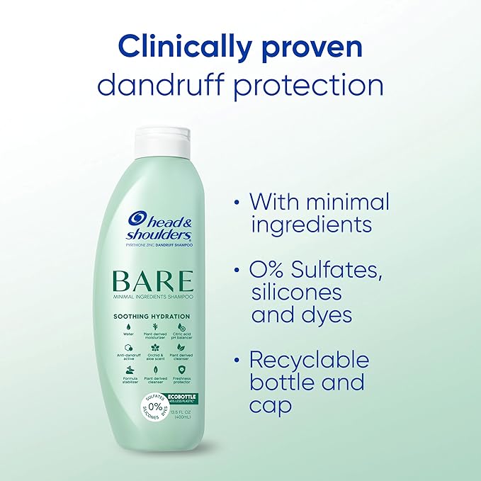 Head & Shoulders Anti-Dandruff Shampoo, BARE Soothing Hydration, 1% Pyrithione Zinc, Dry Scalp Relief, Free of Sulfates, Silicones, Dyes, 13.5 fl oz