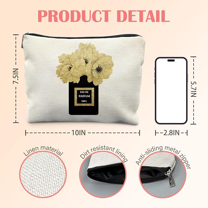 Trendy Black and Gold Makeup Bag for Women, Fashion Glitter Gold Floral Perfume Bottle Modern Aesthetic Cosmetic Bag for Purse, Girly Makeup Zipper Pouch