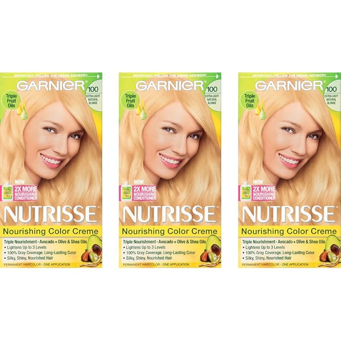 Garnier Nutrisse Nourishing Hair Color Creme, 100 Extra-Light Natural Blonde, 3 Count (Packaging May Vary)