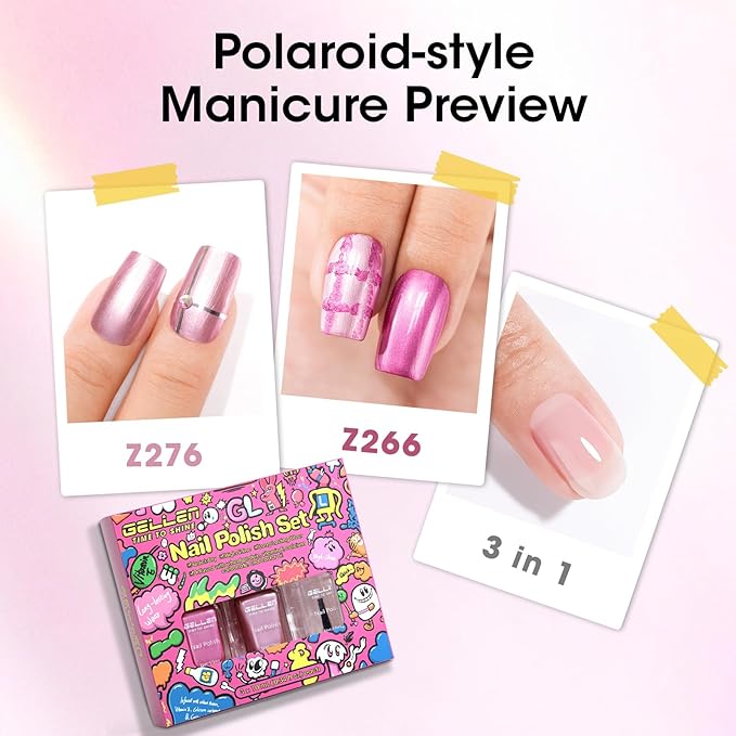 GELLEN Rose Pink Metallic Nail Polish with 3-in-1 Base Coat Top Coat Strengthener Polish, Chrome Mirror Dark/Light Pink Regular Nail Polish, Quick Dry Fingernail Laquer Set, Non Gel