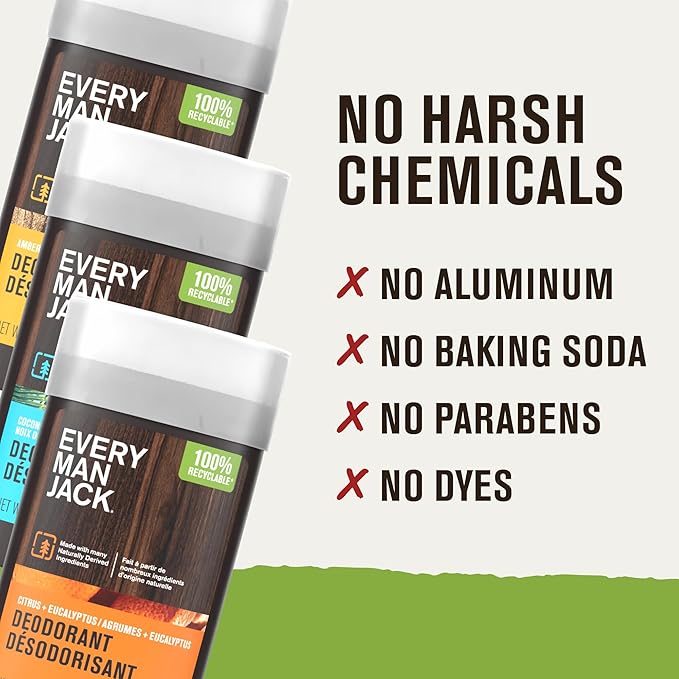 Every Man Jack Men's Deodorant Variety Set - Includes 3 Full-Sized Aluminum Free Natural Deodorant Sticks - Coconut + Driftwood, Citrus + Eucalyptus, Amber+ Sandalwood - 3oz (3 Pack)