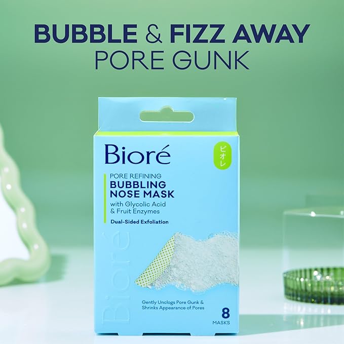 Bioré Pore Refining Bubbling Nose Mask, Glycolic Acid and Hyaluronic Acid Exfoliant for Face, Pore Cleansing Mask, 8 Ct