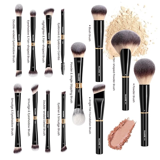 MAANGE 13Pcs Makeup Brushes with Case, Professional Brochas De Maquillaje for Face & Eyes, Soft Synthetic Foundation Powder Blush Eyeshadow Brush Kit with Gift Box,Black