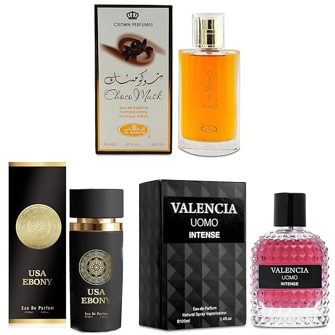 3Pack Men Colognes Choco Musk&USA Ebony&Valencia Uomo Intense Eau De Parfume Spray with Woody Floral & Fruity Scent Perfume Gift Set Day to Night Luxury Fragrances