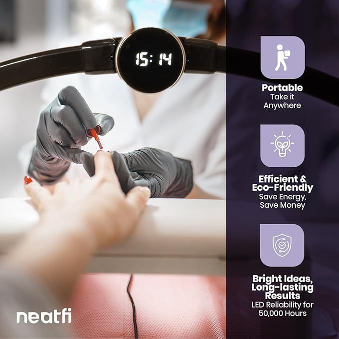 Neatfi Half Moon Light for Nail Desk Lamp, Table Lamp, Multiple Light Modes Desk Lighting for Estheticians, Beauty Eyelash Makeup Tattoo Crafts, Reading, Spa Salon, Nail Tech (with LCD, Black)