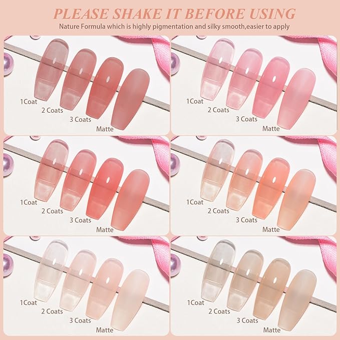 Artdone Sheer Gel Nail Polish Set - 6 Colors Translucent Pink Nude Brown UV Jelly Polish for All Seasons - Neutral Soak off LED Lamp Manicure Kit for Nail Art