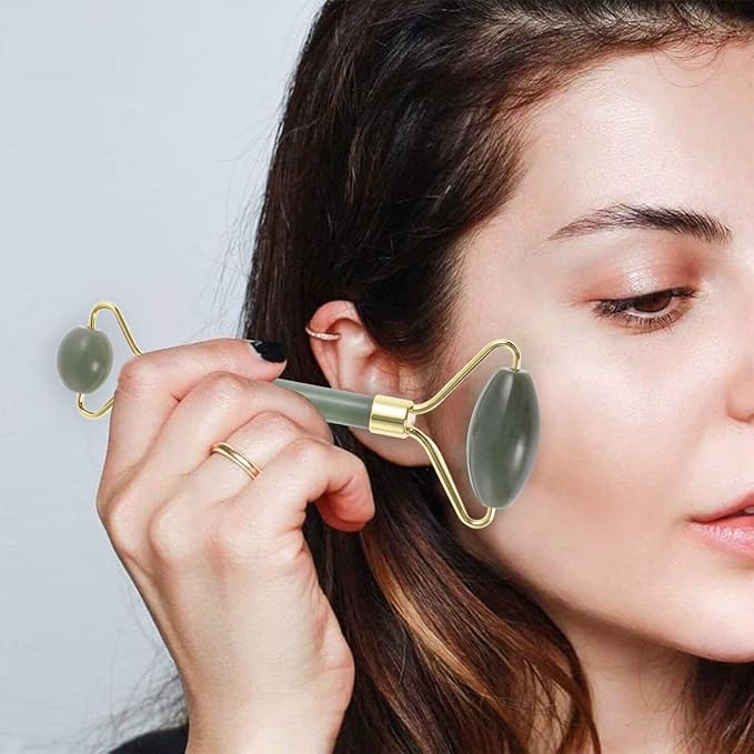 rosenice Gua Sha Facial Tools Guasha Tool Gua Sha Jade Stone for Face Skincare Facial Body Acupuncture Relieve Muscle Tensions Reduce Puffiness Festive Gifts (Green-Set)