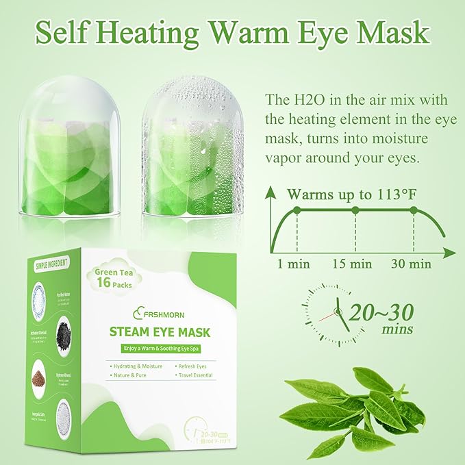16 Packs Steam Eye Mask, Heated Eye Mask for Sleeping, Warm Compress for Eyes, Self Heating Disposal Steam Mask for Home Sleep, Office, Spa, Travel Essentials Stocking Stuffers (Green Tea)