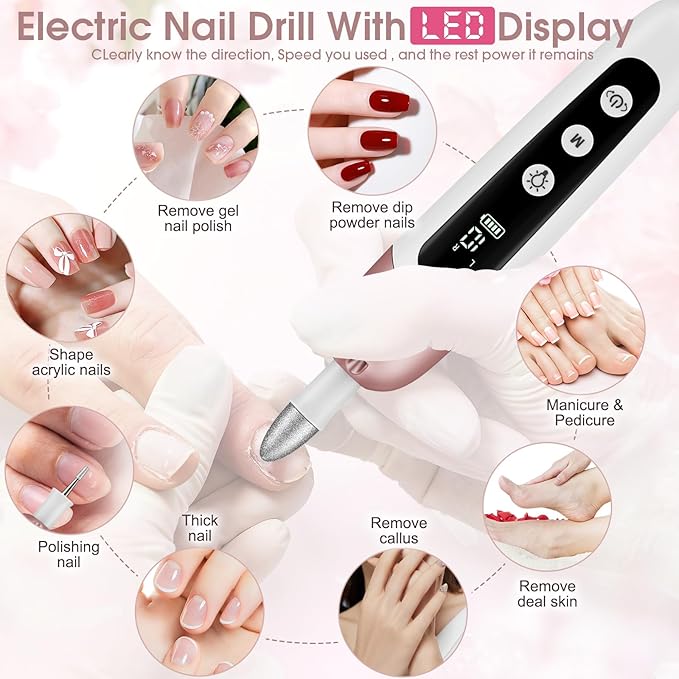 Cordless Electric Nail File Set, Professional Manicure Pedicure Kit with Memory Modes, 10 Speed Portable Nail Drill Machine, Pedicure Tools for feet, Hand Foot Care Tool for Thick Nail Toenail Cuticle