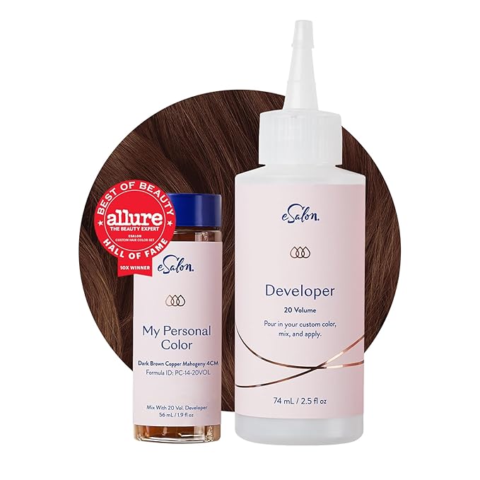 eSalon Permanent Hair Color & Hair Dye Kit - Dark Brown Copper Mahogany - Personal Colorist for Up To 100% Gray Coverage, All Hair Types - Professional-Grade Ammonia-Free