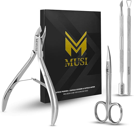 MUSI 4-Piece Cuticle Care Kit – Precision Cuticle Nipper, Pusher, Scraper & Cuticle Scissors – Stainless Steel Manicure Tools Set for Nail & Skin Grooming – Salon & Home Use