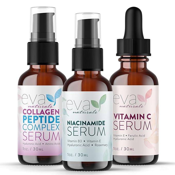 Eva Naturals Firm & Glow Serum Bundle – Vitamin C, Peptide & Niacinamide Serums – Anti-Aging Face Serum Set for Wrinkles, Glow, Pores, Hydration – Collagen Boosting Skin Care Routine