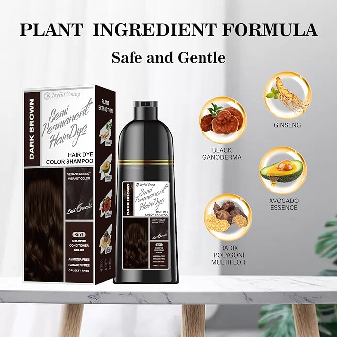 Hair Dye Shampoo 3-in-1 Vegan Color for Gray Hair - Ammonia-Free for Men & Women – Beard & Hair Coloring – Instant Gray Coverage Champú Para Canas Mujer & Hombre (DARK BROWN)