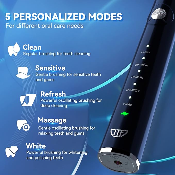 JTF Sonic Electric Toothbrush for Adults - Fast Rechargeable Toothbrush with Travel Case and 6 Brush Heads, 5 Modes Smart Toothbrushes, Navy Blue