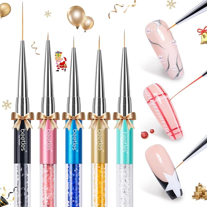 Beetles Gel Polish Nail Art Liner Brushes 5Pcs Painting Art Design Pen Set Diamond Application Rhinestone Handle Dotting Drawing Sizes 5 7 9 11 20mm Nail Design Gift for Women