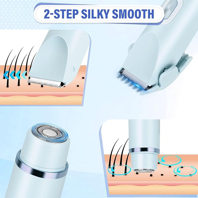 Women's Bikini Trimmer, 2-in-1 Electric Shaver for Bikini Line, Legs, Underarms, Face - Waterproof Women's Electric Shaver for Sensitive Skin, USB Rechargeable (Blue)