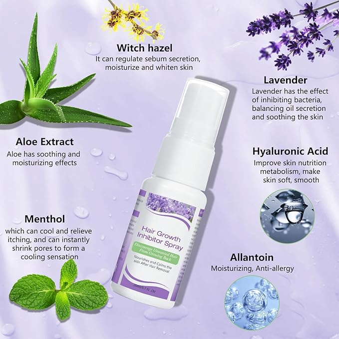 Painless Permanent Hair Removal Inhibitor Spray - 2 Pack Lavender Stop Hair Growth for Face, Arms, Legs, Armpits - 20ml Each