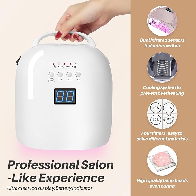 Upgraded Professional Rechargeable UV LED Nail Lamp with 4 Timer,18000mAh Long Battery Life, Electroplated Reflective Base and Inner Wall,Fast Dry Nail Dryer (White JC22-Pro)