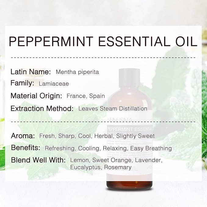 Peppermint Essential Oil, 100% Pure & Natural Peppermint Oil 100ML, Premium Grade Aromatherapy Oil for Skin Body Hair Care, Freshening Air, Mood, Diffuser, Massage, Soap and Candle Making