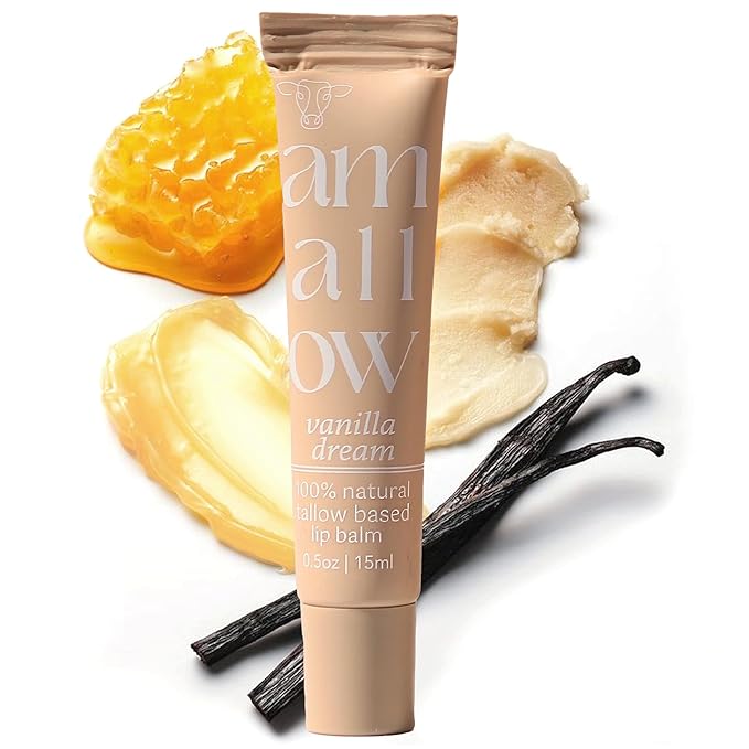 Amallow All Natural Tallow Lip Balm Squeezable Tube - Grass Fed/Finished Beef Tallow + Organic Beeswax & Vanilla Essential Oil .5 OZ (Vanilla Dream)