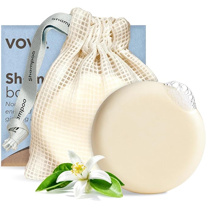 Vove Shampoo Bar Set with Sudsing Bag, Vanilla Cedar, 2 Bars & Storage Bag, Strengthening Solid Shampoo with Rice Protein, Ginseng & Squalane, Essential Oil Blend, FSC Packaging