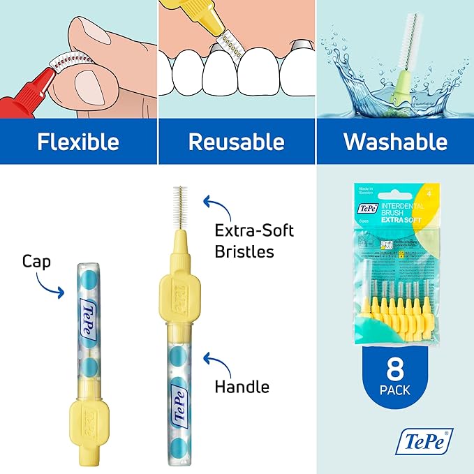 TePe Interdental Brush Extra Soft, Supersoft Dental Brush for Teeth Cleaning, Pack of 8, 0.7 mm, Medium Gaps, Yellow, Size 4