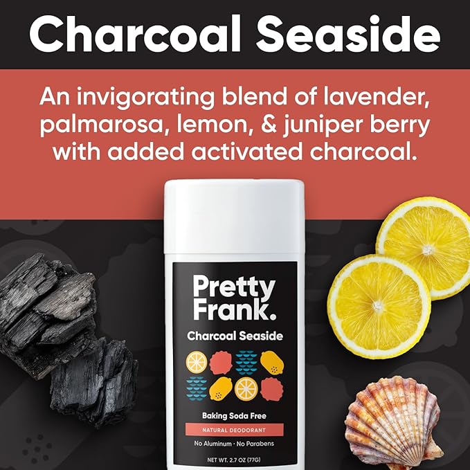 Pretty Frank Natural Aluminum-Free Deodorant Stick with Charcoal, Baking Soda-Free, Charcoal Seaside (2-Pack) | Sensitive Skin Friendly, Effective Odor Control for Women & Men, Organic Ingredients