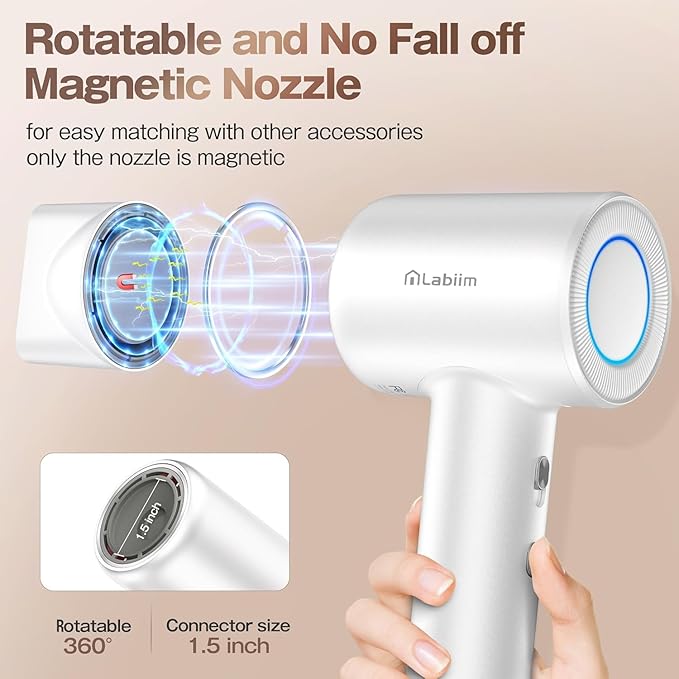 Hair Dryer, High-Speed Ionic Low Noise Blow Dryer with Brushless Motor for Fast Drying, Thermo-Control Quiet Compact Hair Blow Dryer, Hairdryer with 1 Nozzle Attachments for Home Salon Travel