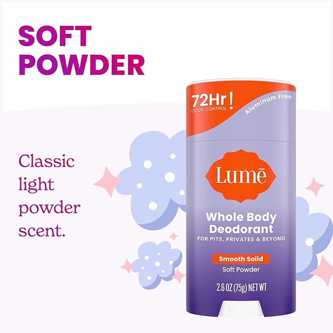 Lume Whole Body Deodorant - Invisible Cream Tube Mini and Solid Stick - 72 Hour Odor Control - Aluminum Free, Baking Soda Free, Skin Safe - 0.5 Oz Mini Tube + 2.6 Oz Solid Stick (Soft Powder)