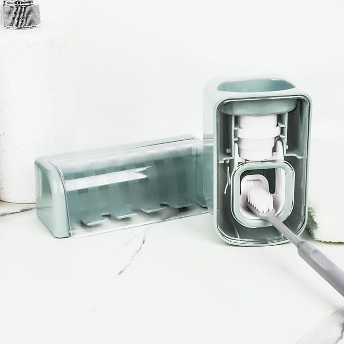 5 Slots Wall Mount Toothbrush Holder with Cover, Self Adhesive Toothbrush Storage Organizer for Shower, Toothbrush Hanger with Automatic Toothpaste Squeezer Dispenser (Blue)