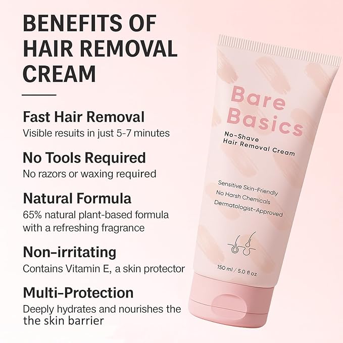 Bare Basics Hair Removal Cream, No Shave Hair Remover for Women, Works in 5 Minutes for Sensitive Skin, Gentle Formula with Vitamin E & Vitamin B5, Moisturizer and Nurtures Skin, 150ML/5.29FL OZ (1)