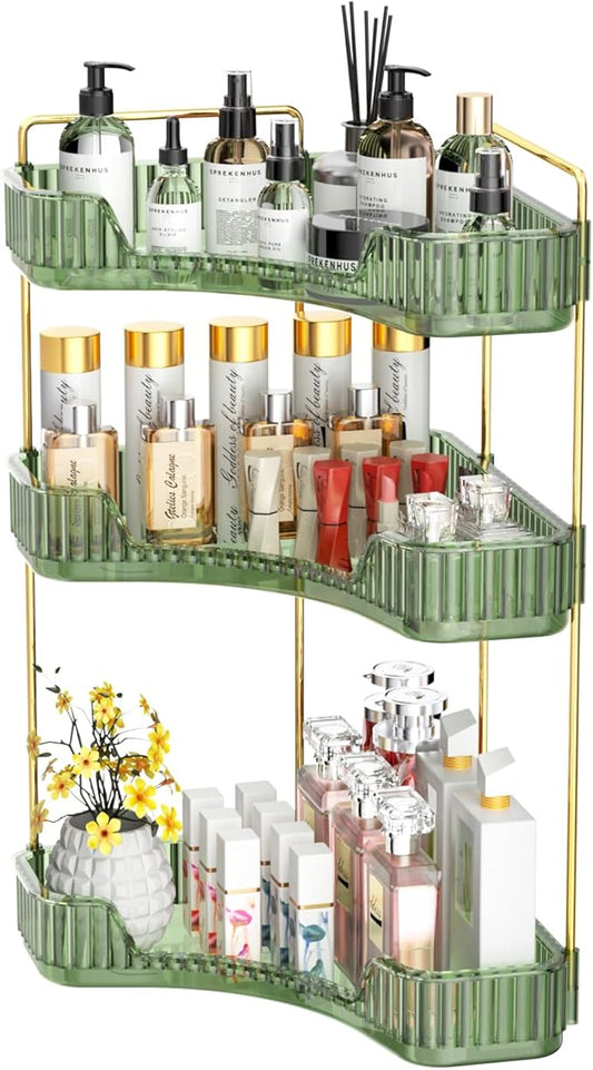 GTI 3-Tier Corner Bathroom Counter Organizer, Large Capacity Makeup Organizer Countertop, Perfume Cosmetics Skincare Vanity Organizers, Exquisite Countertop Storage for Women (Green)