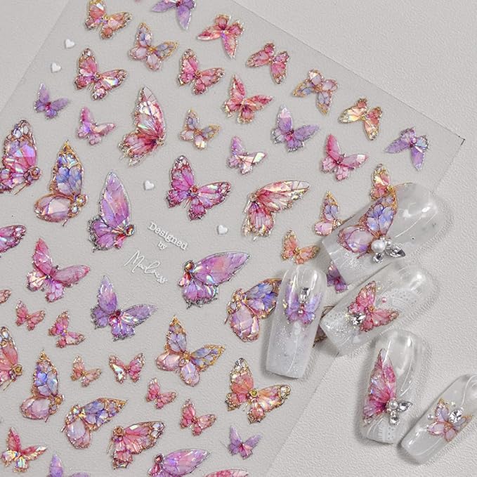 Butterfly Nail Art Stickers Decals Pink Butterfly 5D Embossed Nail Decals Shell Light Butterflies Nail Designs Adhesive Sticker Manicure Accessories for Women Girls DIY Nail Art Decorations Supplies