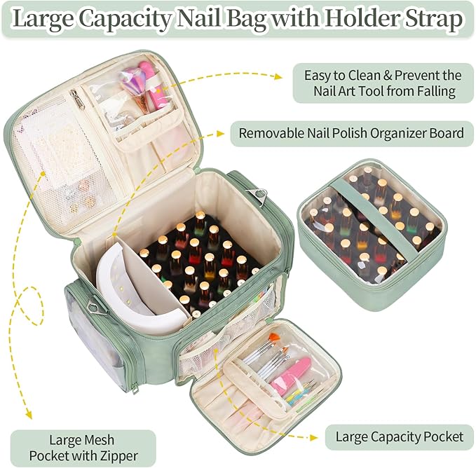 Nail Polish Organizer, Nail Polish Storage Holds 42+ Bottles & Nail Lamp, Portable Travel Nail Kit Storage Carrying Case Fits Nail Suppiles, Gift for Manicurist, Grils - Green