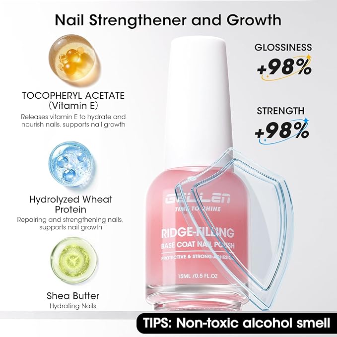Gellen Tinted Pink Ridge Filler For Nails, Clear Nail Polish Ridge Filling Base Coat, Nail Strengthener and Growth, Hydrates Strengthenes Nourishes Damaged Dry Nails, Shea Butter & Vitamin E & Protein