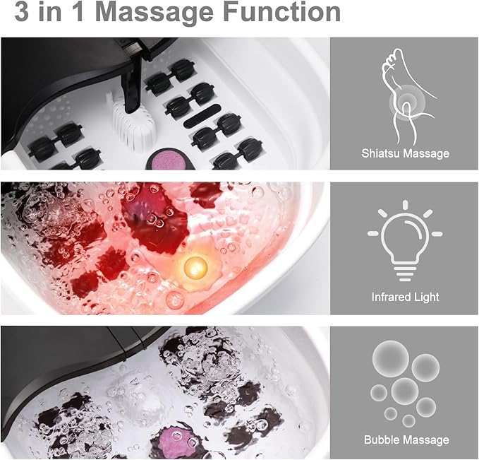 Collapsible Foot Spa Bath Massager with Heat Bubbles and Vibration Massage and Jets, 16oz Tea Tree Oil Foot Soak Epsom Salt, WHALSTAR Foot Bath Bucket With Red Light & Remote